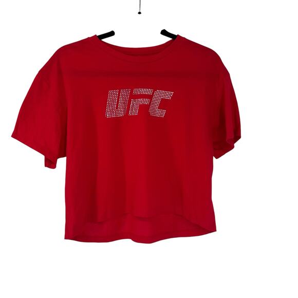 NWOT UFC Red Rhinestone Detail Cropped Short Sleeve Tee Sz Large - Picture 1 of 5